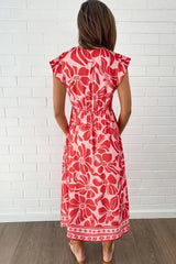 Floral Ruffled V-Neck Midi Dress with Button Front OutfitFlow