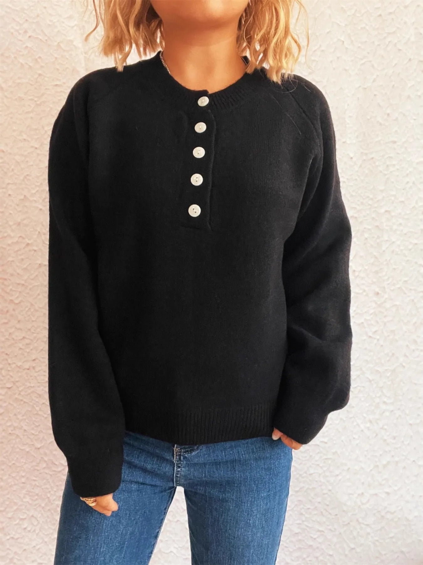 Button-Front Long Sleeve Sweater Black One Size OutfitFlow