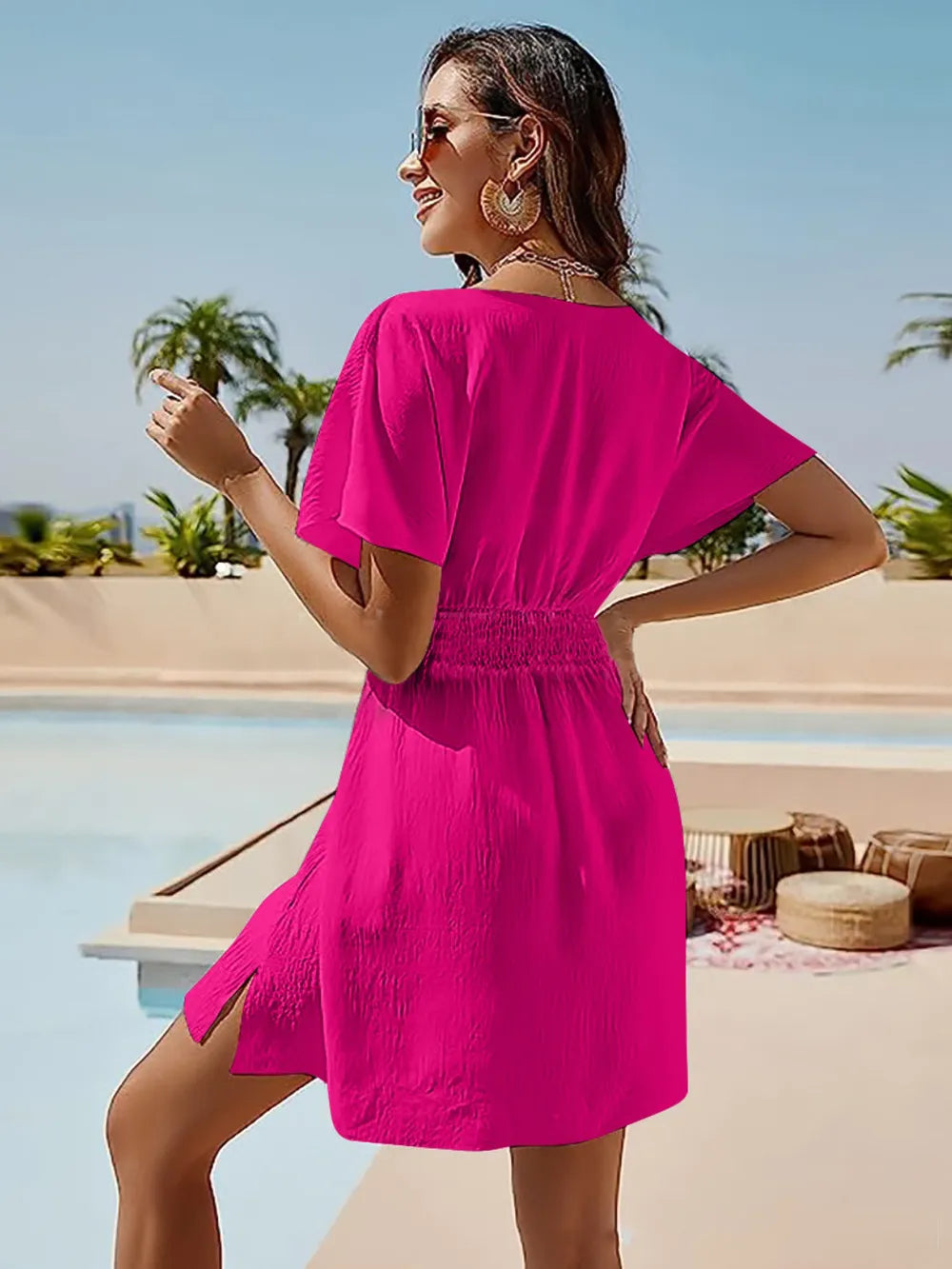 Smocked V-Neck Short Sleeve Dress OutfitFlow