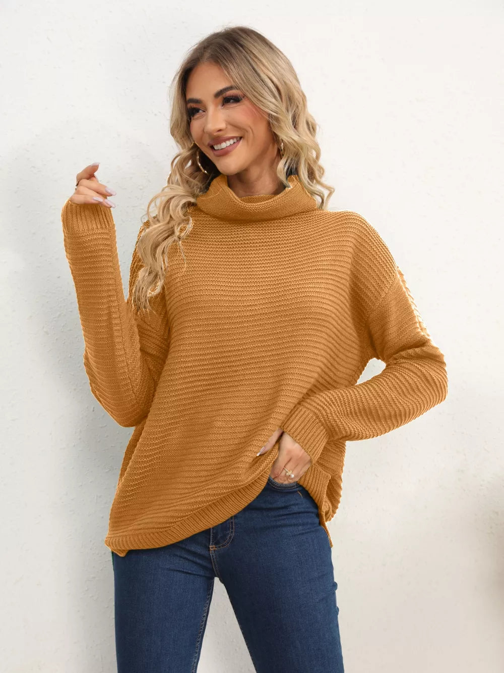 Slit Turtleneck Dropped Shoulder Sweater Mustard Trendsi