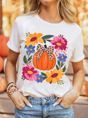 Pumpkin Floral Graphic Round Neck T-Shirt OutfitFlow