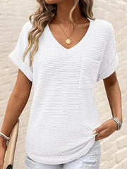 Waffle Knit V-Neck Casual T-Shirt White OutfitFlow