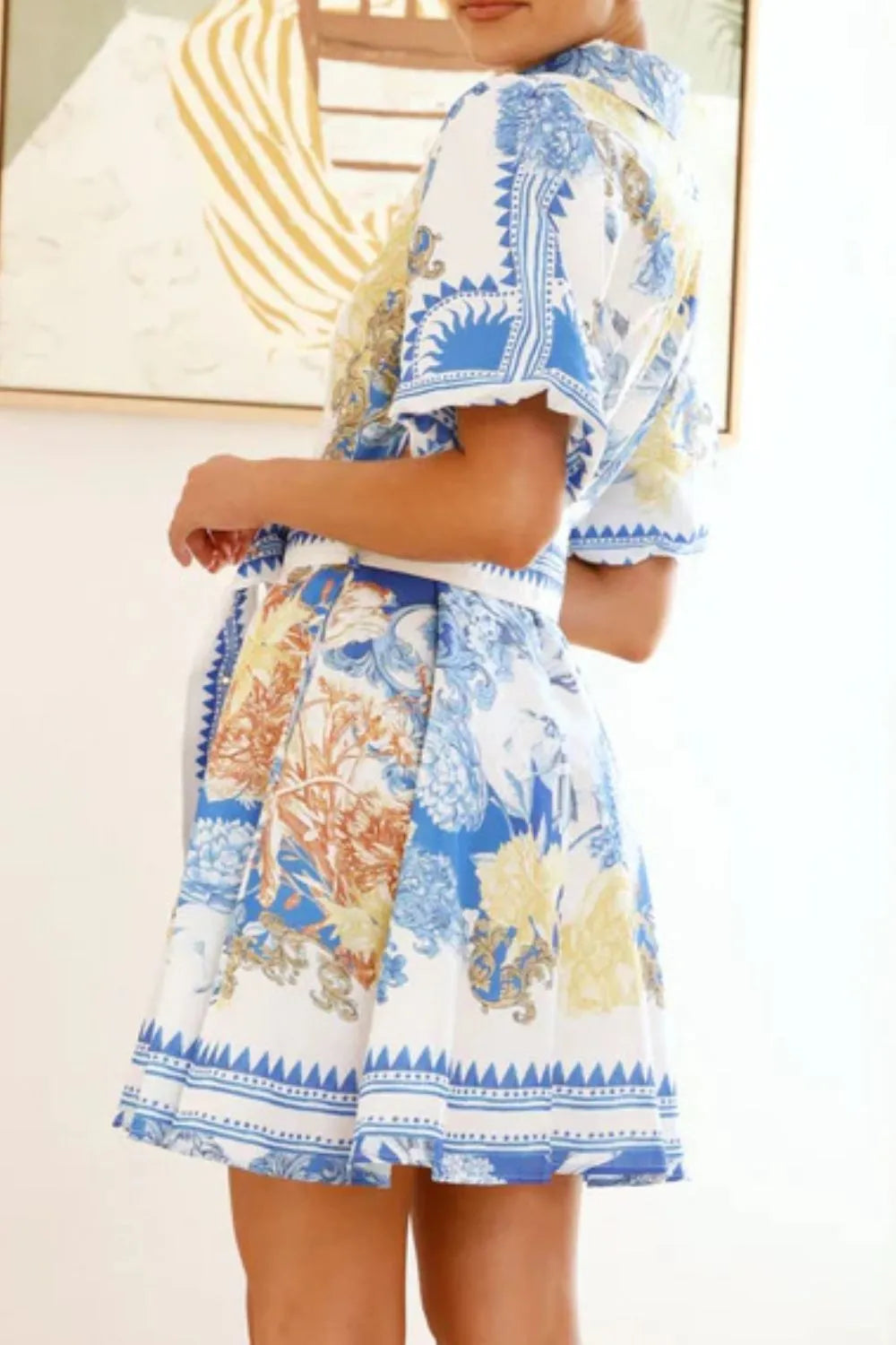 Printed Collared Neck Half Sleeve Dress OutfitFlow