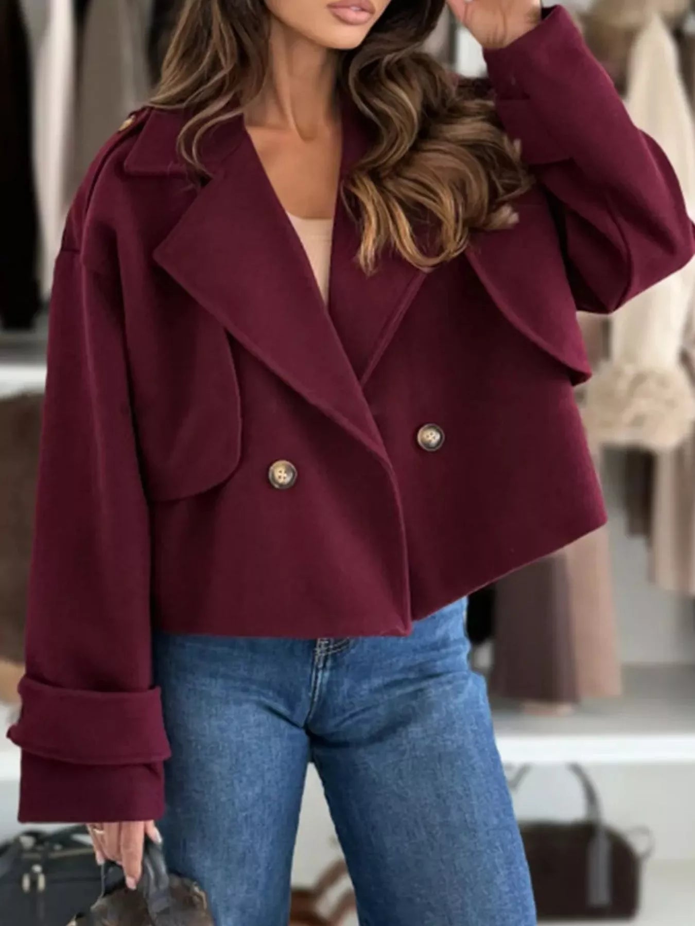 Lapel Collar Dropped Shoulder Jacket Trendsi