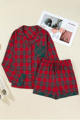 Plaid Contrast Patched Christmas Holiday Long Sleeve Shirt and Short 2pcs Pajama Set OutfitFlow