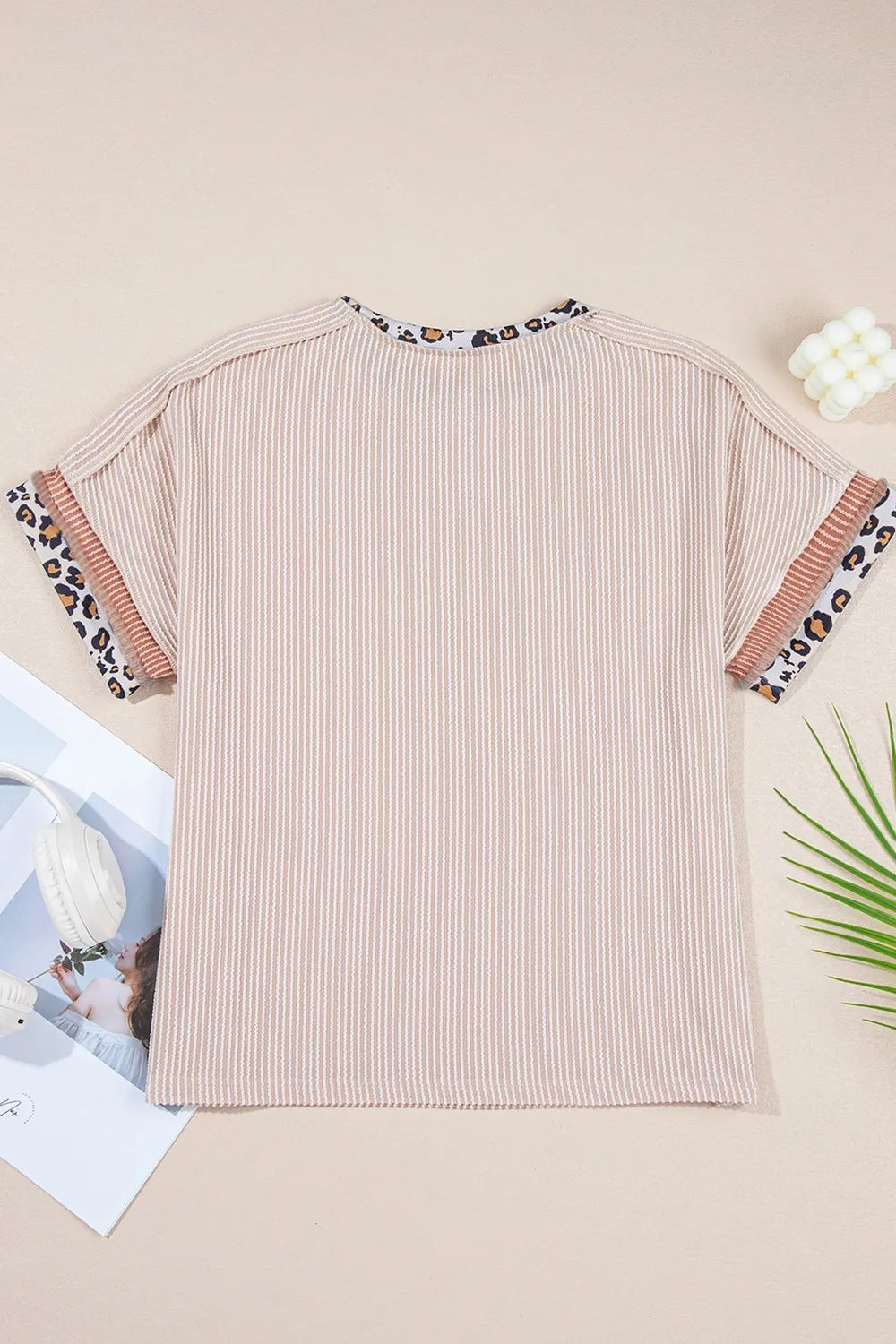 Leopard Trim Round Neck Ribbed T-Shirt OutfitFlow
