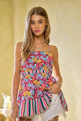 Davi & Dani Floral Smocked Sleeveless Ruffle Back Tie Top DUSTY PINK OutfitFlow