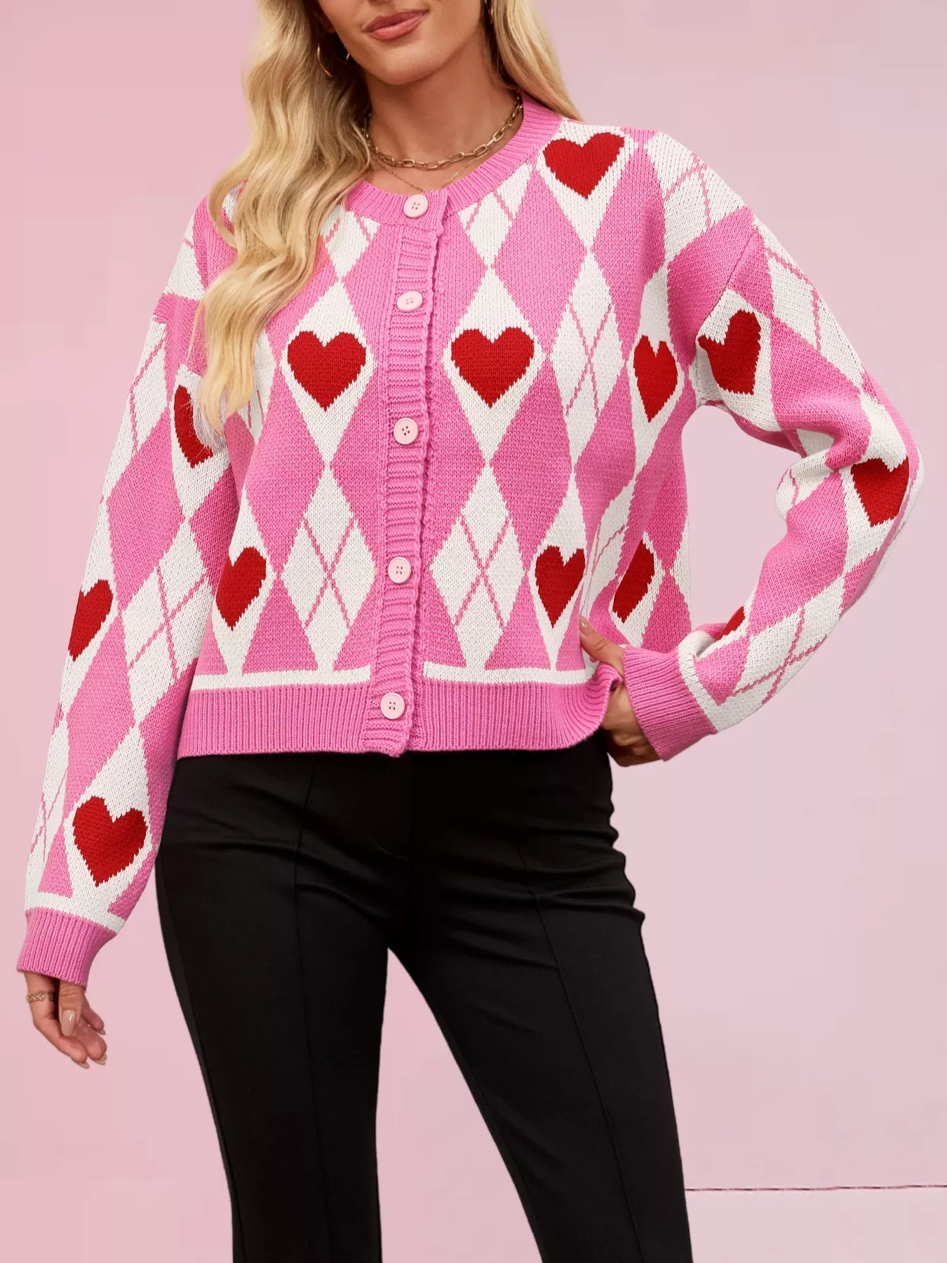 Heart Pattern Button-Up Cardigan OutfitFlow