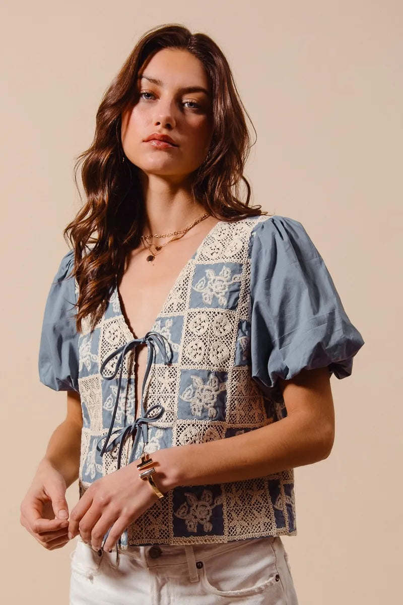 SO ME Crochet Lace Tie Front V Neck Blouse Top OutfitFlow