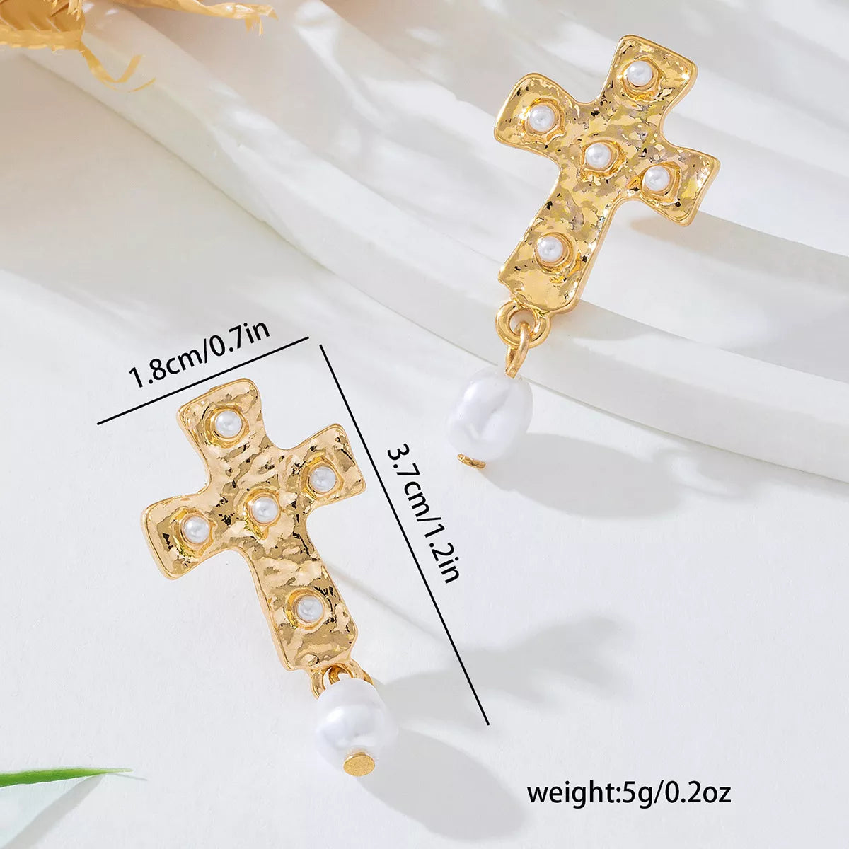 18K Gold-Plated Synthetic Pearl Cross Drop Earrings OutfitFlow