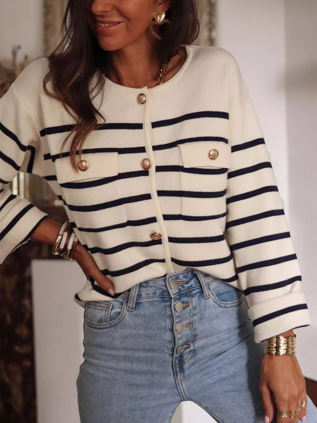 Striped Button-Front Cardigan Trendsi
