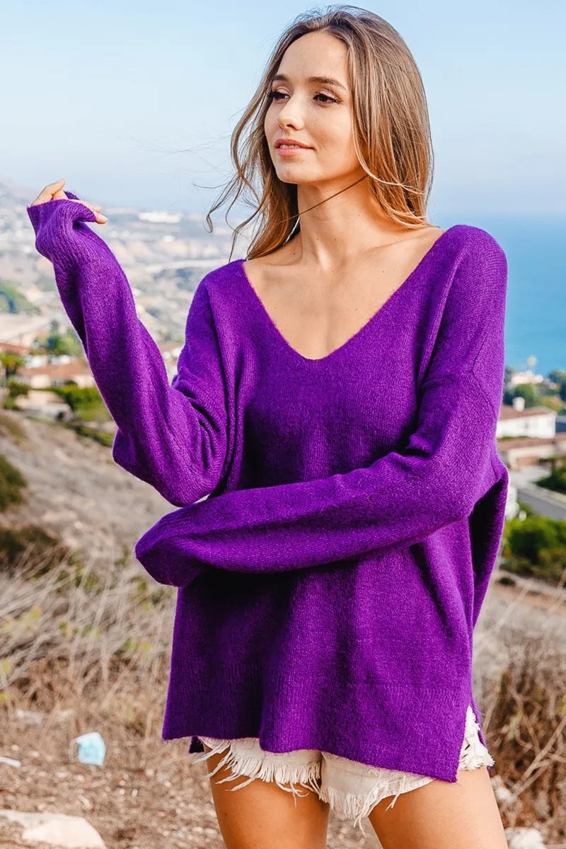 BiBi Loose Fit Deep U Neck Sweater Top OutfitFlow