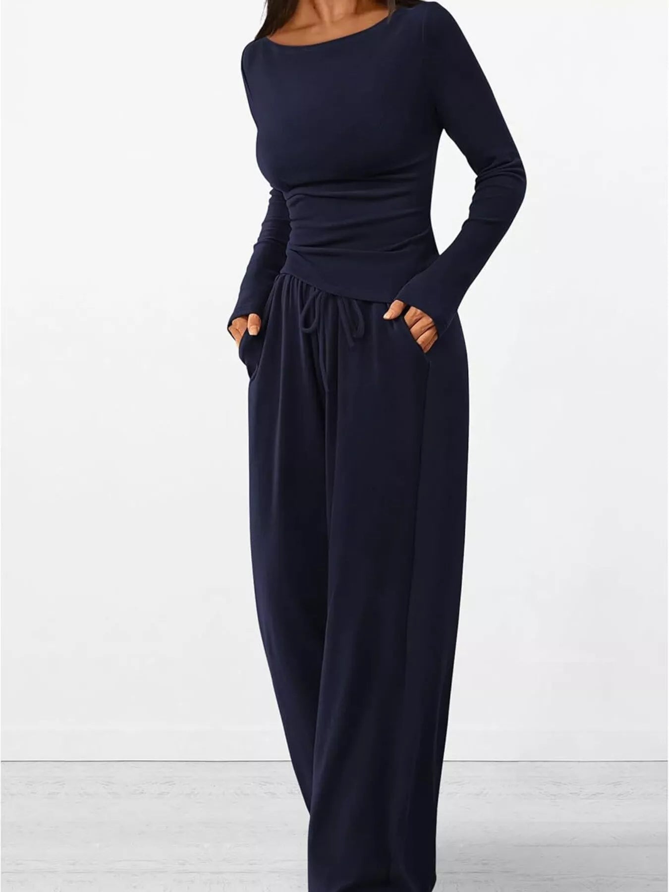 Long Sleeve Top and Wide Leg Pants Set OutfitFlow