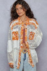 POL Floral Print Crochet Button Up Shirt Tangerine OutfitFlow