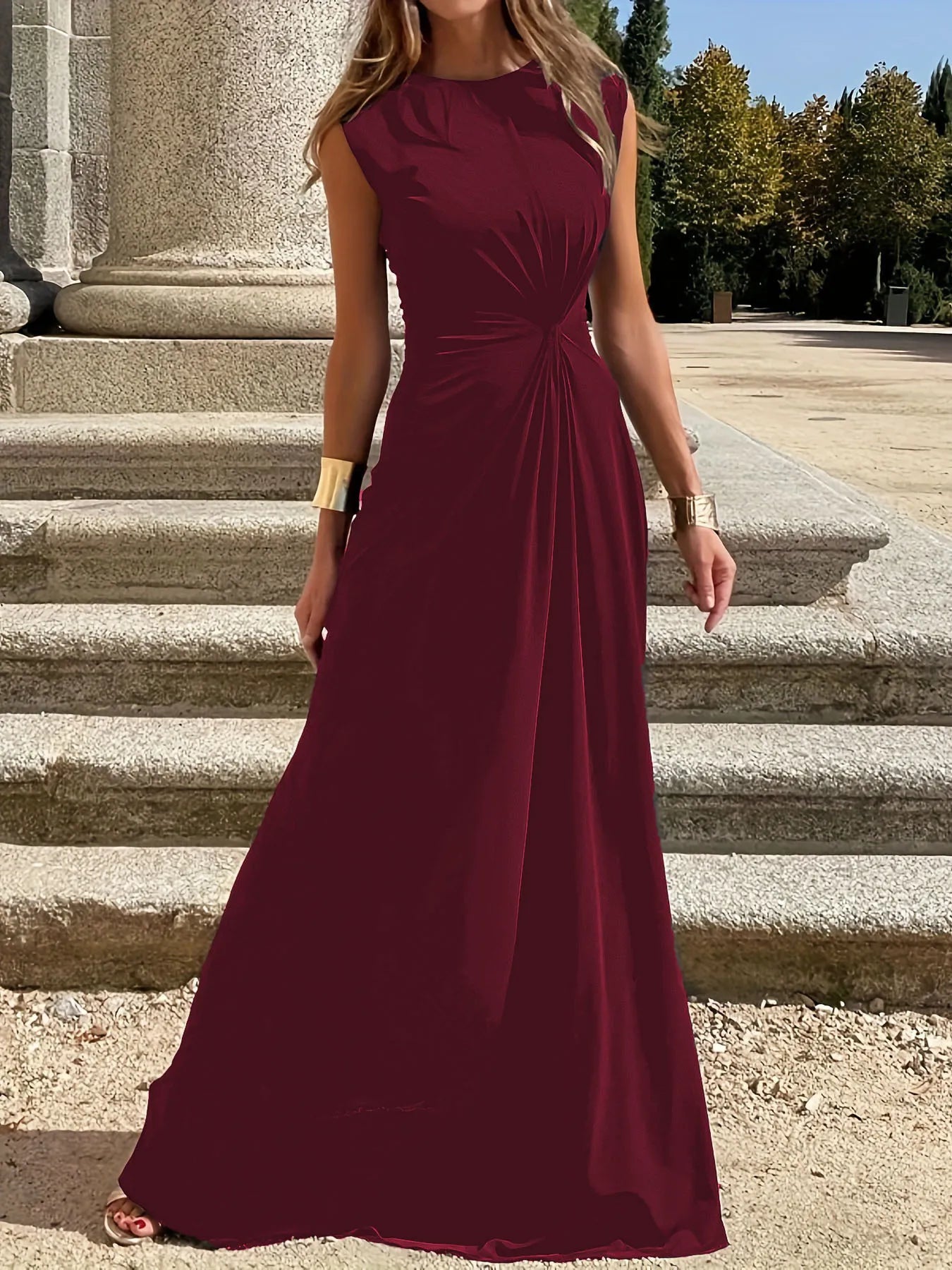 Round Neck Sleeveless Maxi Dress Burgundy OutfitFlow