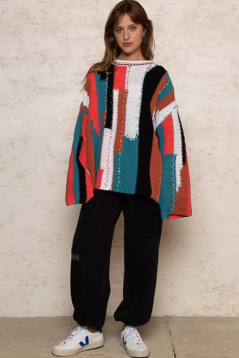 POL Color Block Round Neck Oversized Sweater OutfitFlow