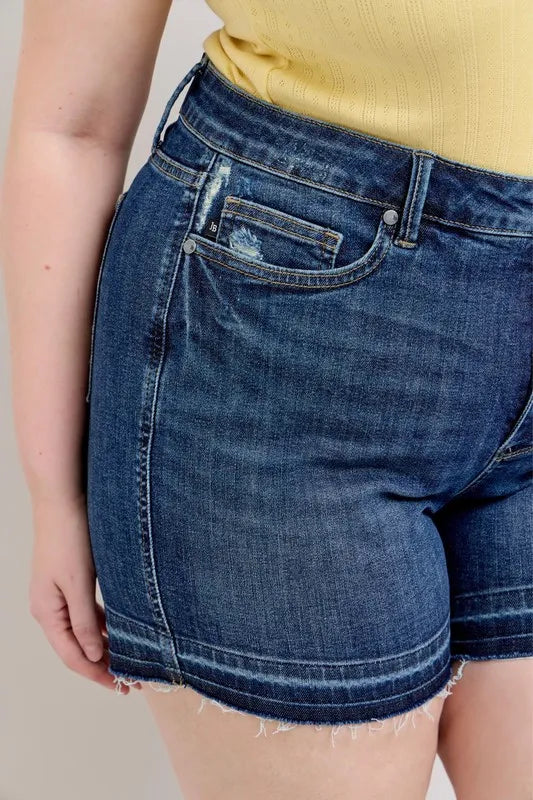 Judy Blue Full Size High Waist Tummy Control Destroy Release Hem Denim Shorts Plus Size OutfitFlow