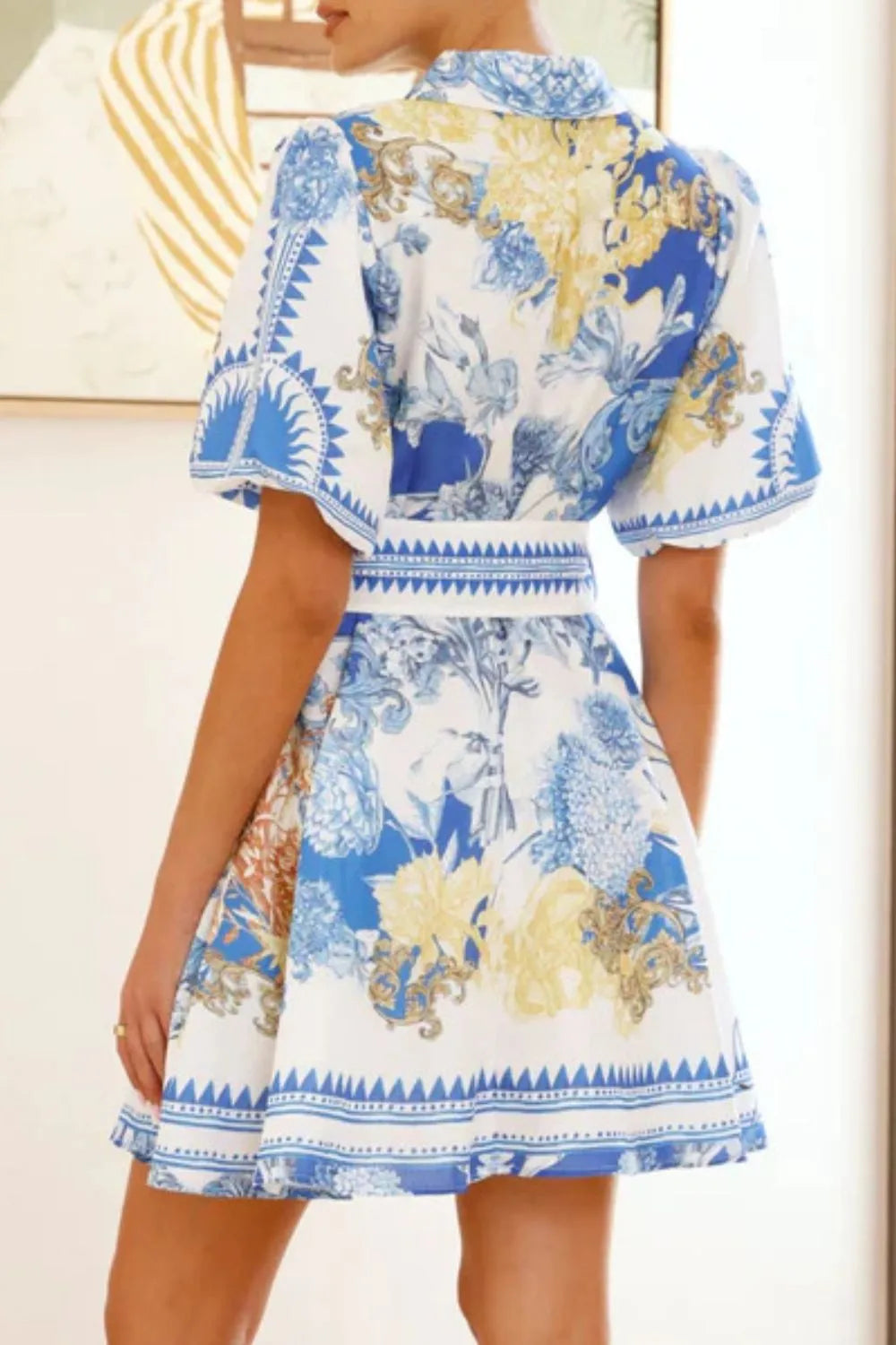 Printed Collared Neck Half Sleeve Dress OutfitFlow