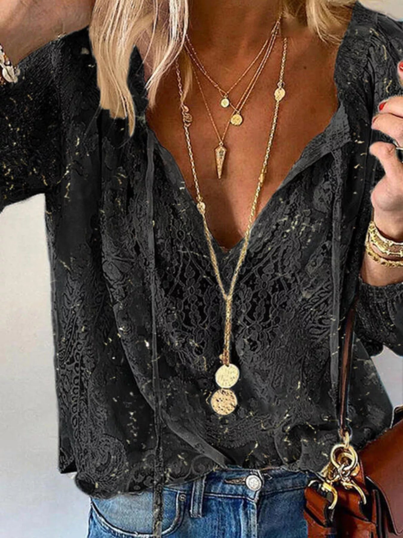 Lace Tie-Neck Blouse Black Trendsi