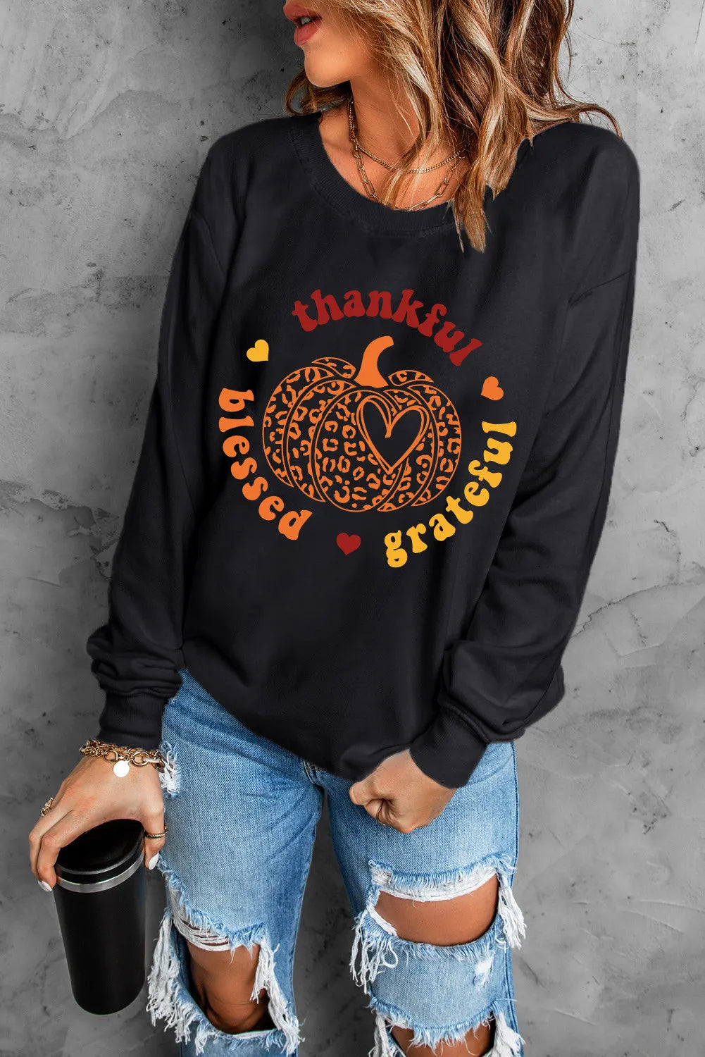 Pumpkin Graphic Long Sleeve Sweatshirt OutfitFlow