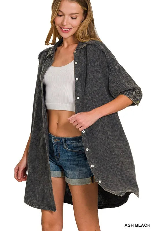 Zenana Washed Double Gauze Button Down Shirt Dress OutfitFlow