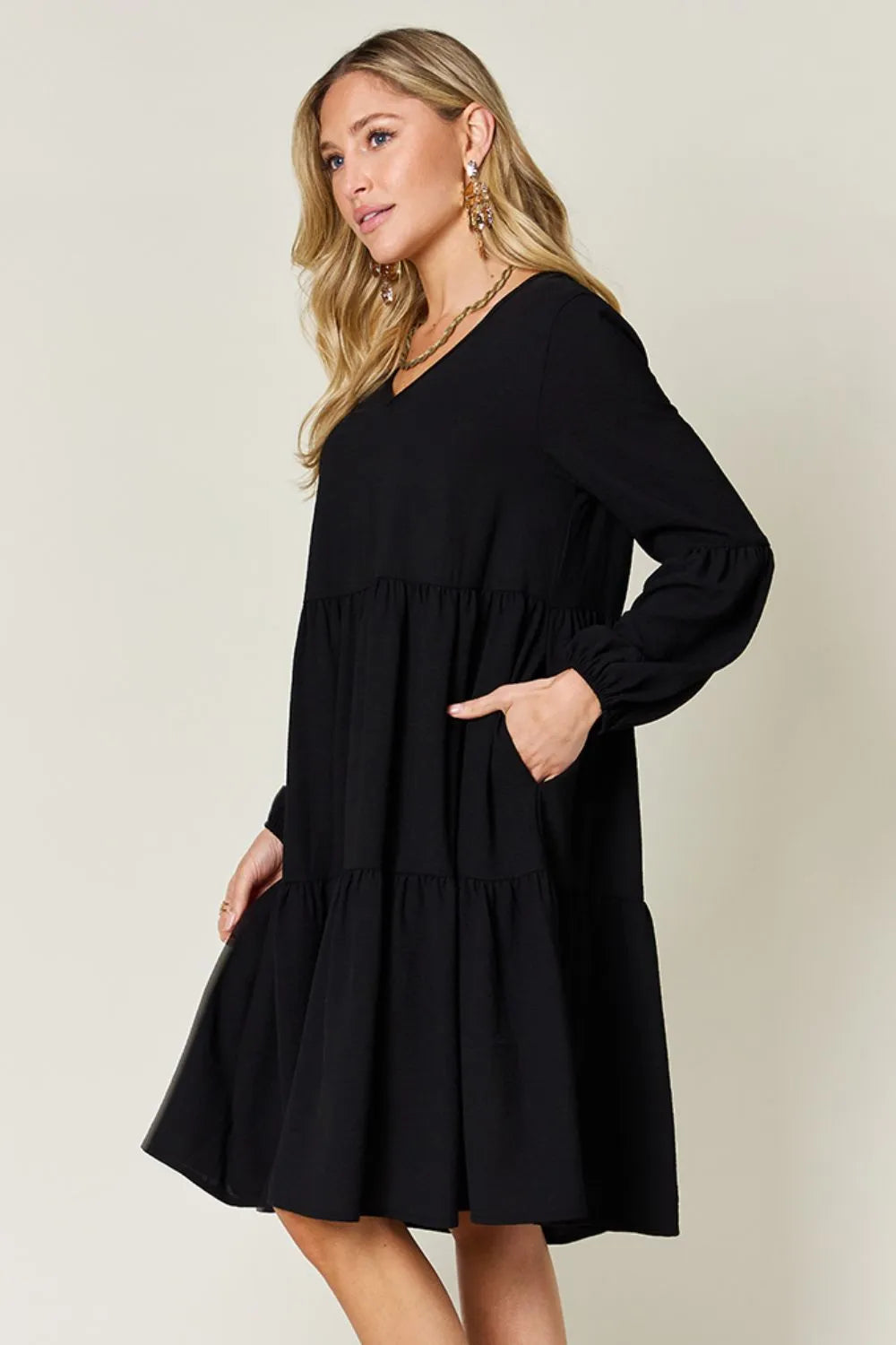 Double Take Full Size V-Neck Balloon Sleeve Tiered Dress with Pockets OutfitFlow
