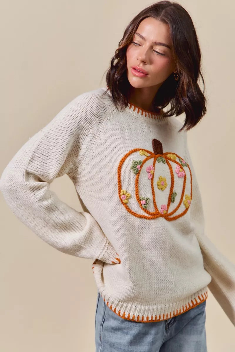 SO ME Pumpkin Floral Embroidered Thanksgiving Sweater OutfitFlow