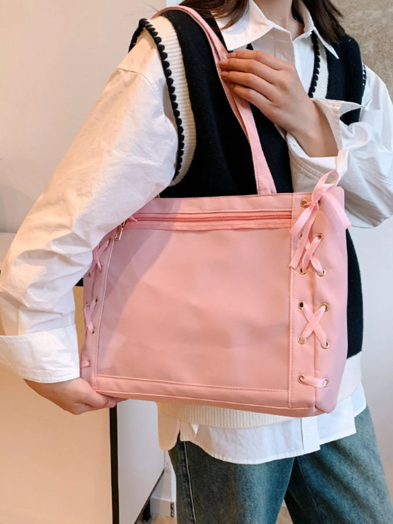 Lace-Up Trim Clear Panel Shoulder Bag OutfitFlow