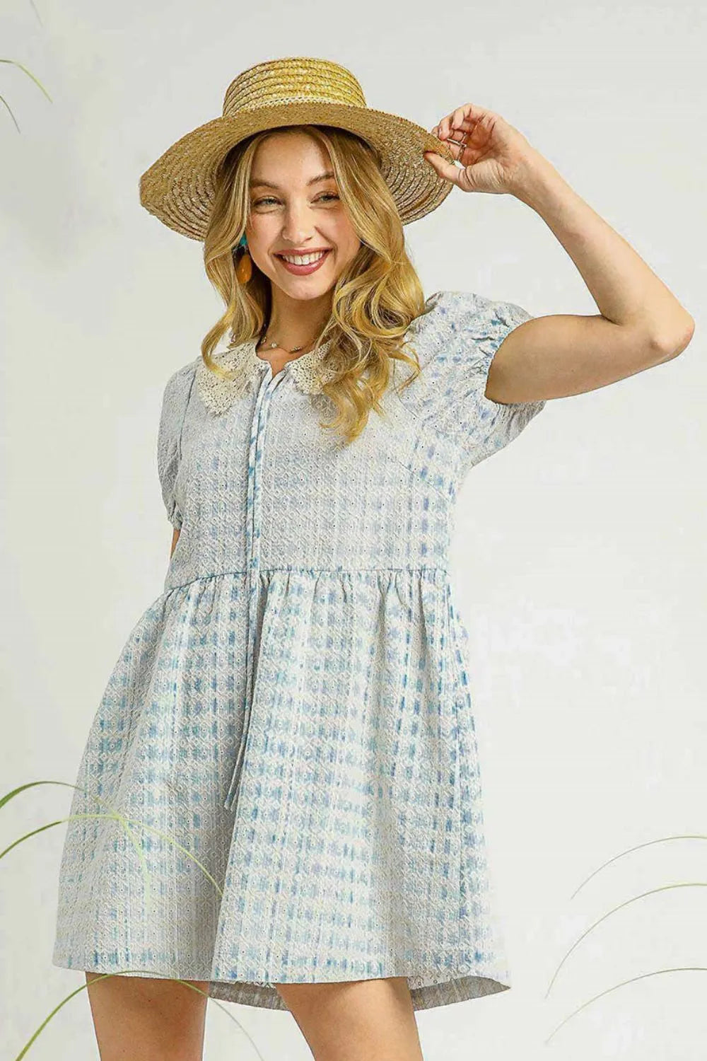 Umgee Lace Detail Short Puff Sleeve Mini Dress Sky Blue OutfitFlow