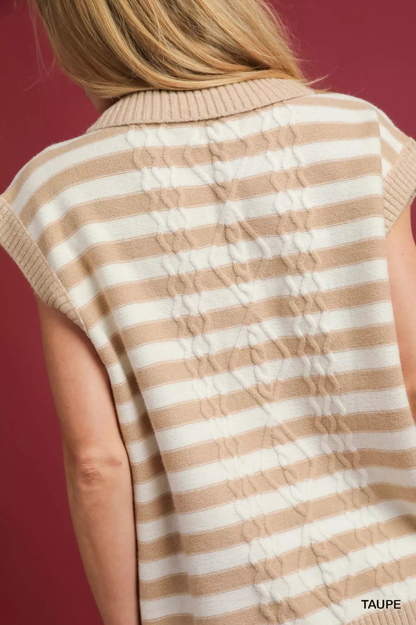 Umgee Cable Knit Collared Striped Vest Sweater OutfitFlow