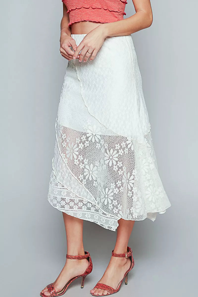 POL Ruffled Floral Lace Skirt with Unbalanced Hem OutfitFlow