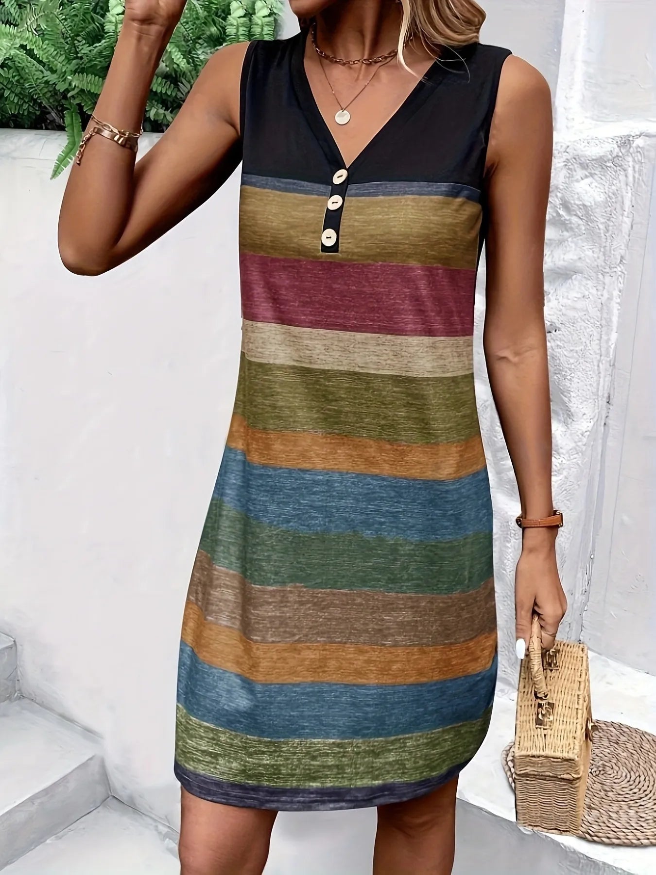 Color Block Sleeveless V-Neck Tank Dress OutfitFlow