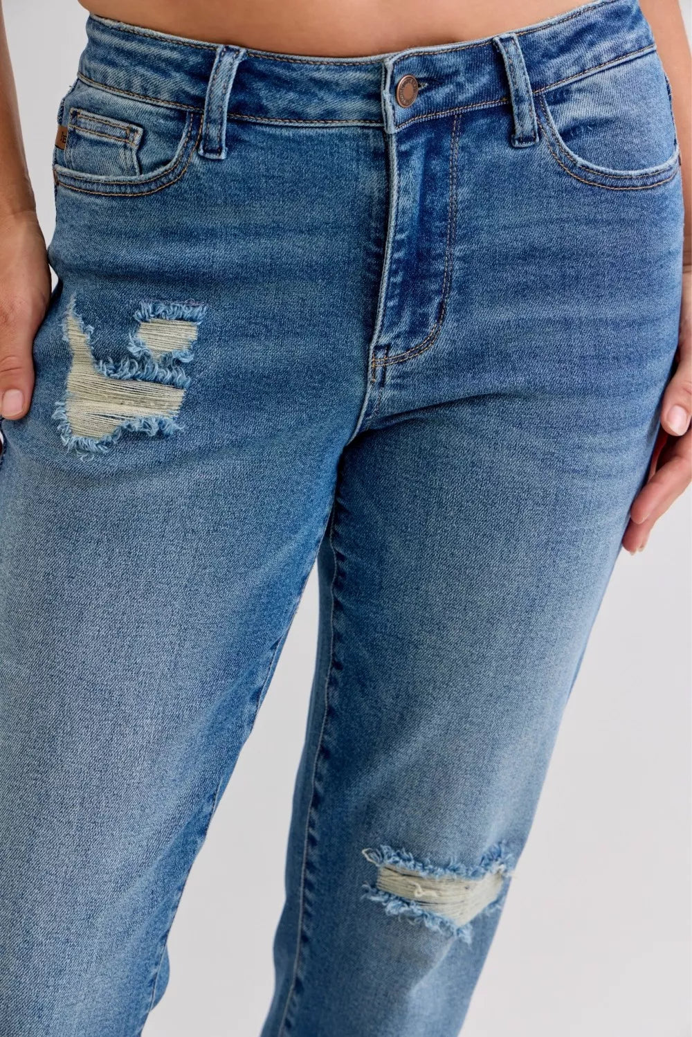 Judy Blue Full Size Mid Rise Bf Patch & Repair Destroy Release Hem Jeans Plus Size OutfitFlow