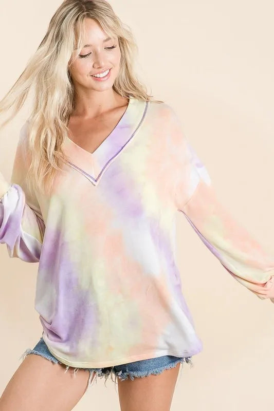 BiBi Tie Dye French Terry V-Neck Top with Puff Sleeves OutfitFlow