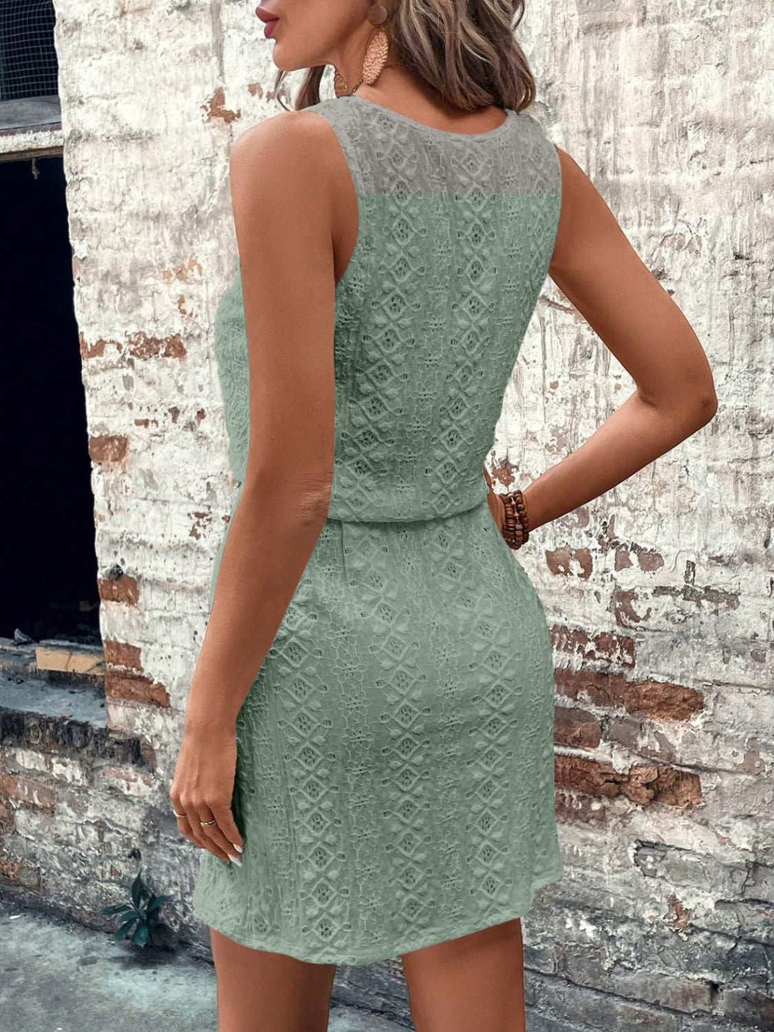 Eyelet Drawstring Round Neck Sleeveless Dress OutfitFlow