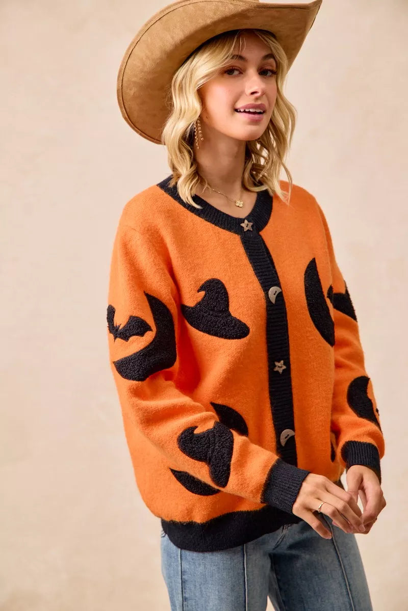 BiBi Halloween Witch Hat Moon Bat Artwork Cardigan Trendsi