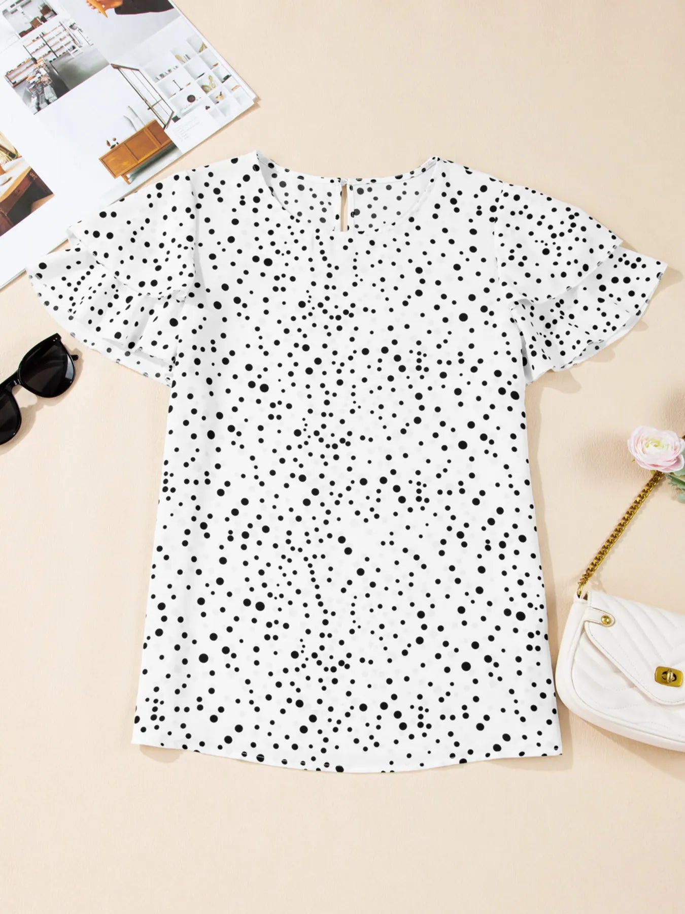 Polka Dot Layered Ruffled Short Sleeve Blouse OutfitFlow