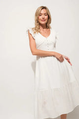 And The Why Ruffle Sleeve Front Smocked Tiered Midi Dress OutfitFlow