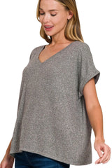 Zenana Soft Melange Hacci V-neck Tee BLACK OutfitFlow
