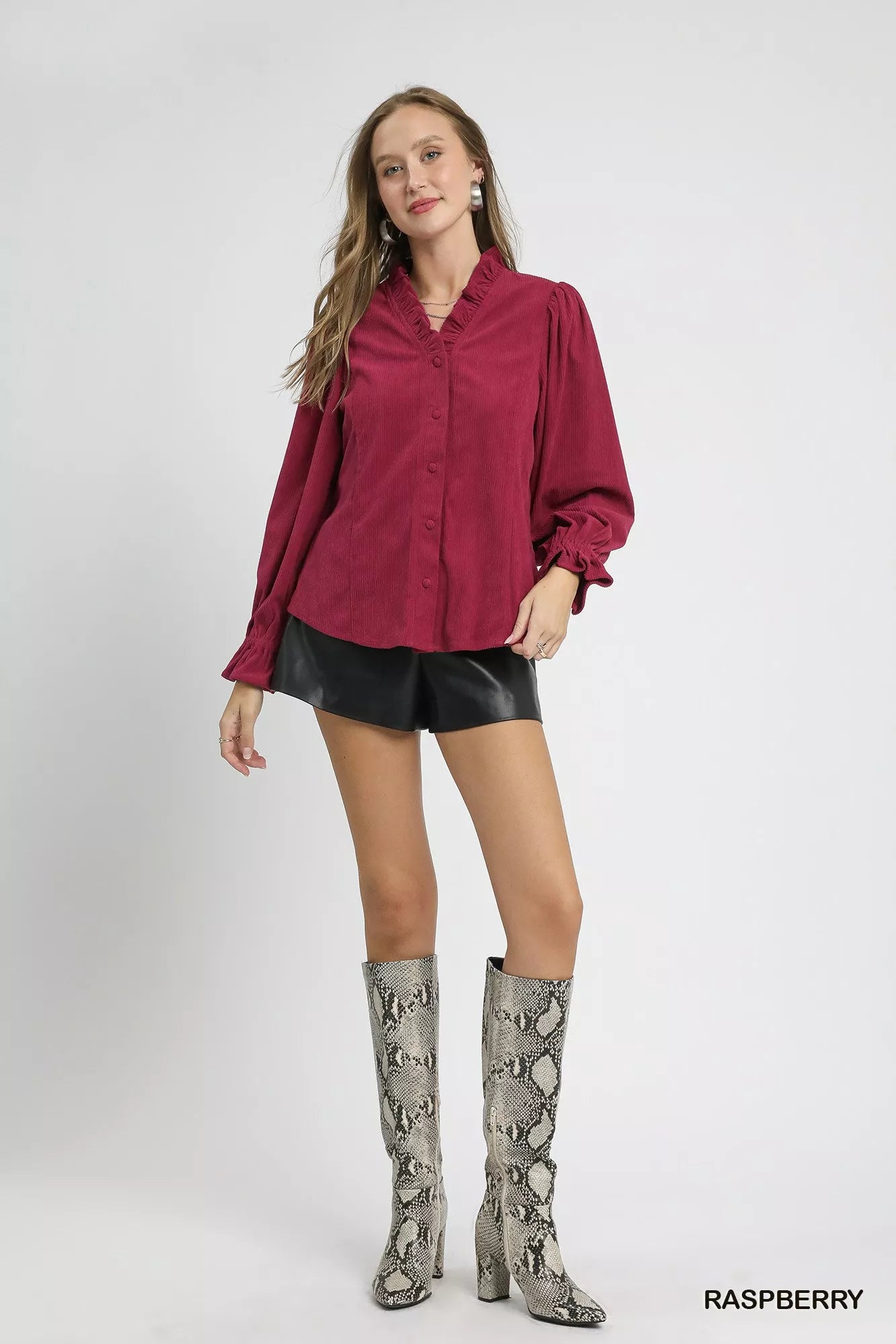 Umgee Corduroy Ruffle Shirt with Long Puff Sleeves OutfitFlow