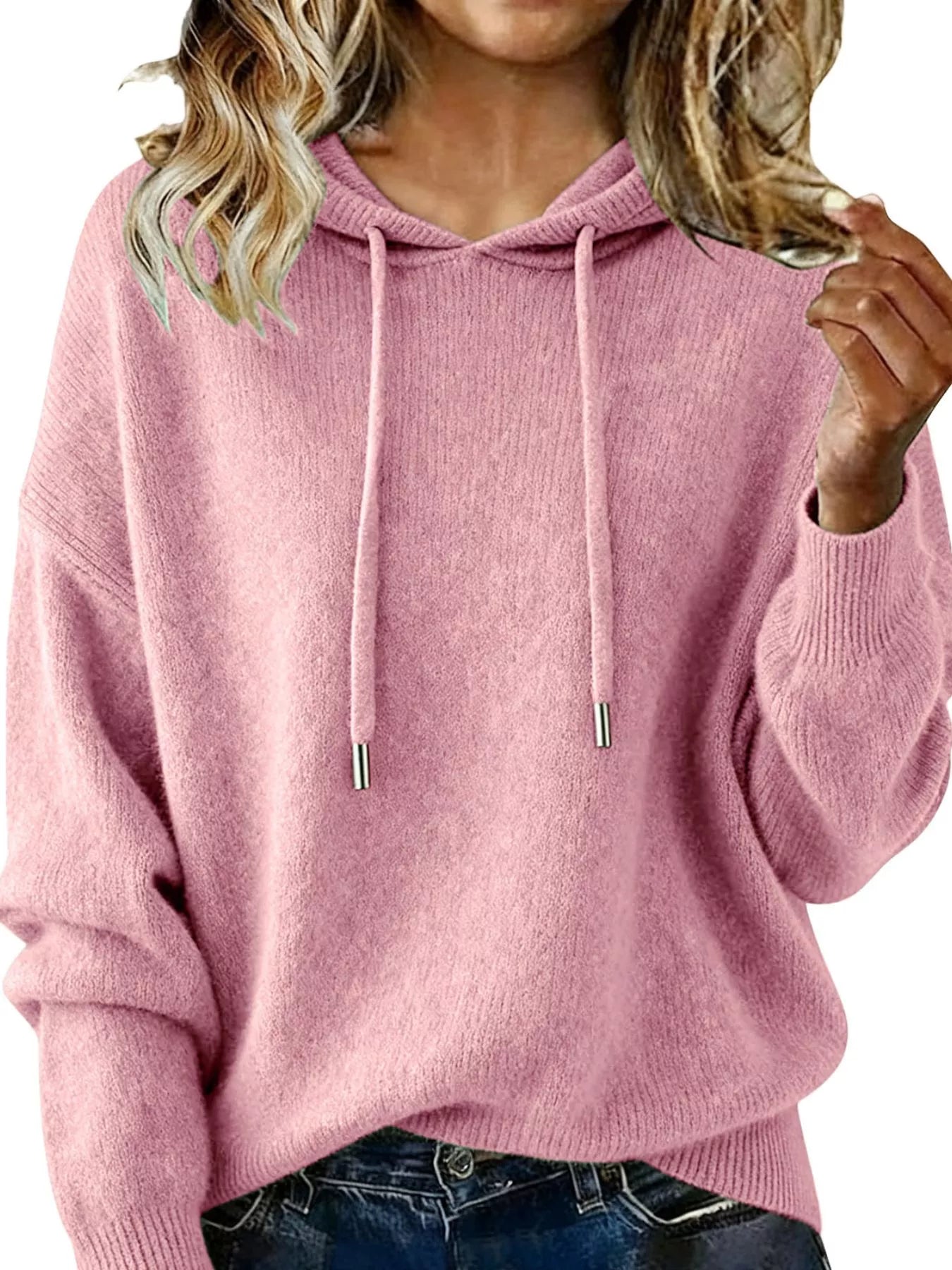 Drawstring Long Sleeve Hooded Sweater Blush Pink Trendsi