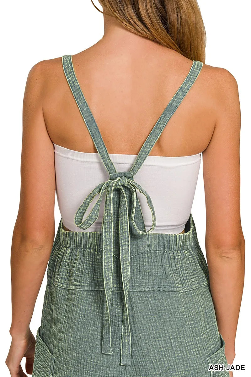 Zenana Washed Double Gauze Tie Back Rompers OutfitFlow