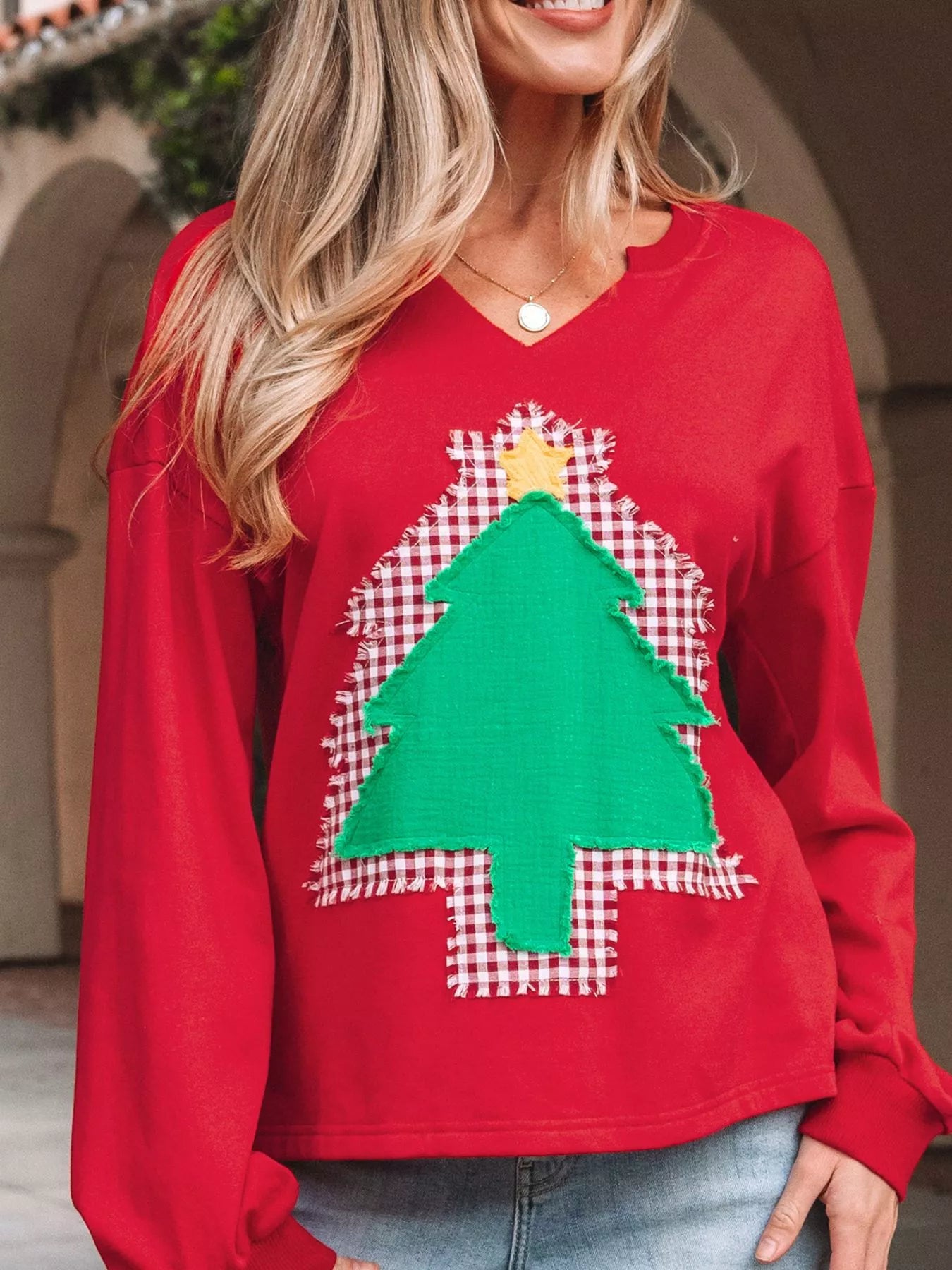 Plaid Frayed Double Christmas Tree Patched Drop Shoulder Sweatshirt OutfitFlow