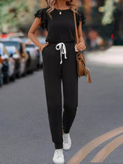 Ruffle Sleeve Drawstring Waist Casual Jumpsuit OutfitFlow