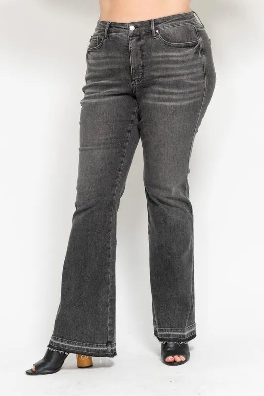 Judy Blue Full Size Mid Rise Tummy Control Washed Gray Release Hem Flare Jeans Plus Size OutfitFlow