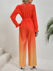 Outfit Flow - Honey Gradient Tie Front Flounce Sleeve Jumpsuit