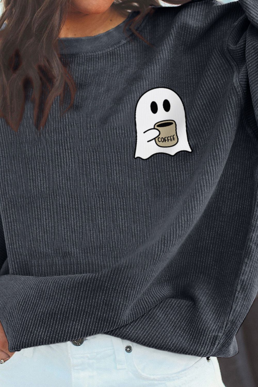 Ghost Graphic Drop Shoulder Sweatshirt OutfitFlow