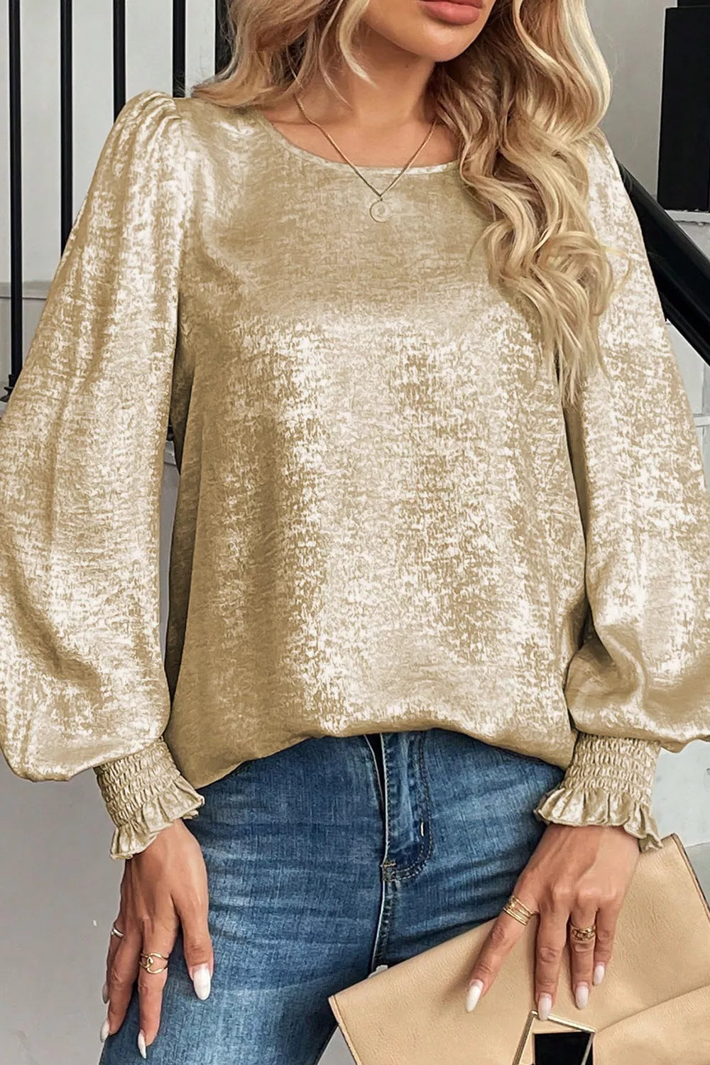 Round Neck Lantern Sleeve Blouse OutfitFlow