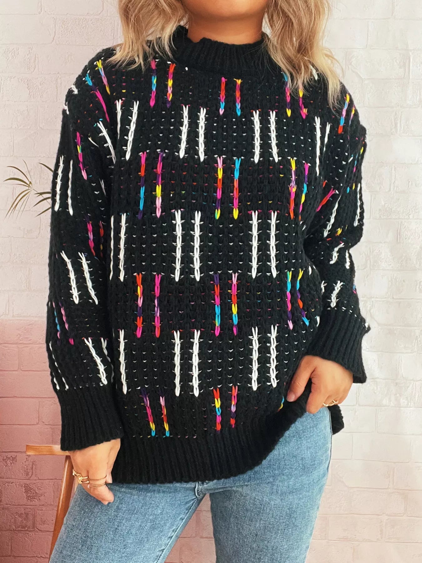 Colorful Round Neck Long Sleeve Sweater OutfitFlow