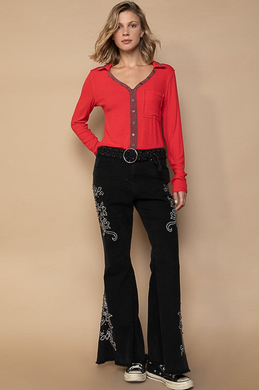 Outfit Flow - POL Raw Hem Embroidered Flare Pants